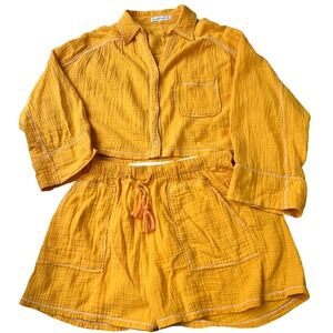 Avec Les Filles 2 Piece Gauze Set Button Front Shirt Drawstring Shorts Medium